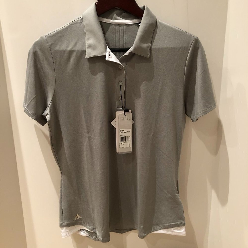 Adidas Golf Athletic 4 Button Collared Sh Slv Polo Shirt Grey & White Sz M NWT